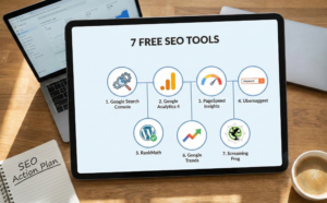 Workspace with a tablet displaying an infographic of 7 free SEO tools for 2026, including Google Search Console and Analytics.