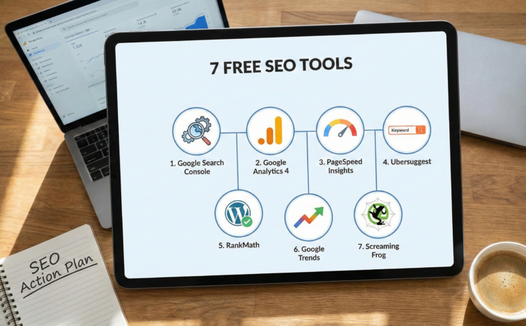 Workspace with a tablet displaying an infographic of 7 free SEO tools for 2026, including Google Search Console and Analytics.