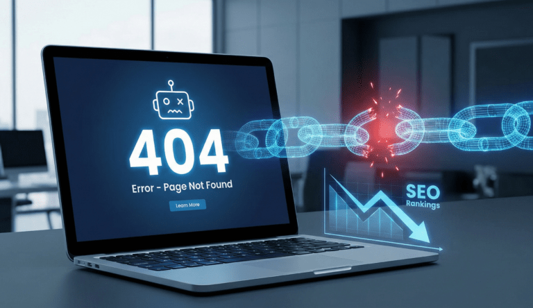 Laptop screen displaying Error 404 next to a digital chain breaking, symbolizing how broken links damage SEO