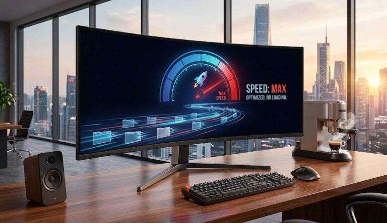 Laptop screen displaying a website speed test dashboard with a speedometer hitting the red zone, representing fast loading times.