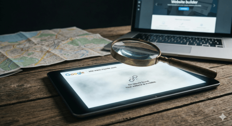 Magnifying glass analyzing a tablet screen displaying a website not showing on Google error message.