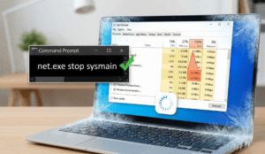 Laptop screen freezing with ice effects, showing Task Manager with a 100% disk usage spike and a command prompt fix.