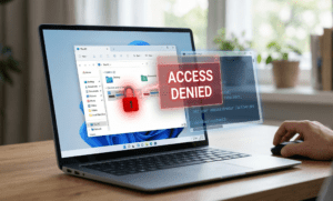 A computer screen showing Local Disk C with a red lock and "Access Denied" floating error box, illustrating the Windows 11 permission error.