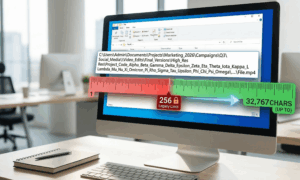 A computer screen showing a super long file path ruler measuring characters beyond 256, illustrating how to enable Win32 long paths in Windows.