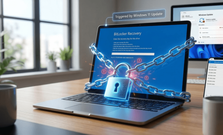 Laptop screen locked with a blue BitLocker recovery key prompt after a Windows Update, symbolizing the system error.
